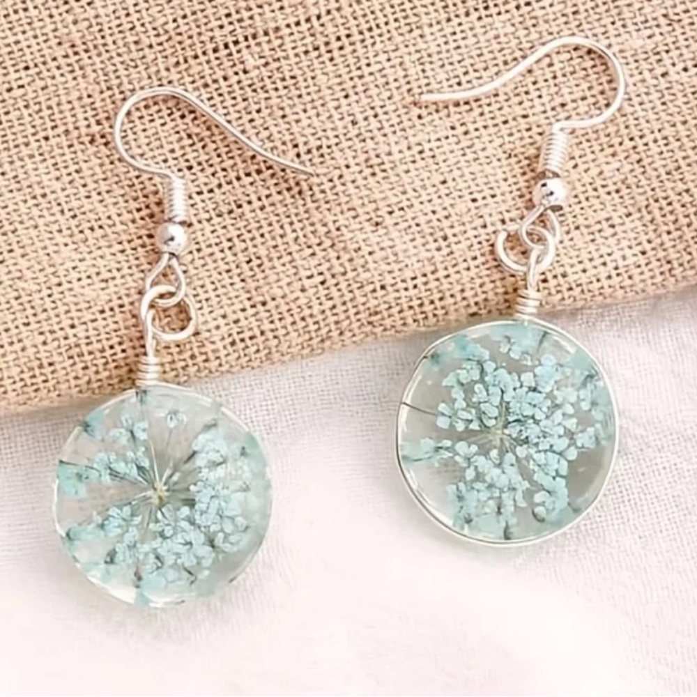 Blue Dried Flower Pattern Dangle Earrings